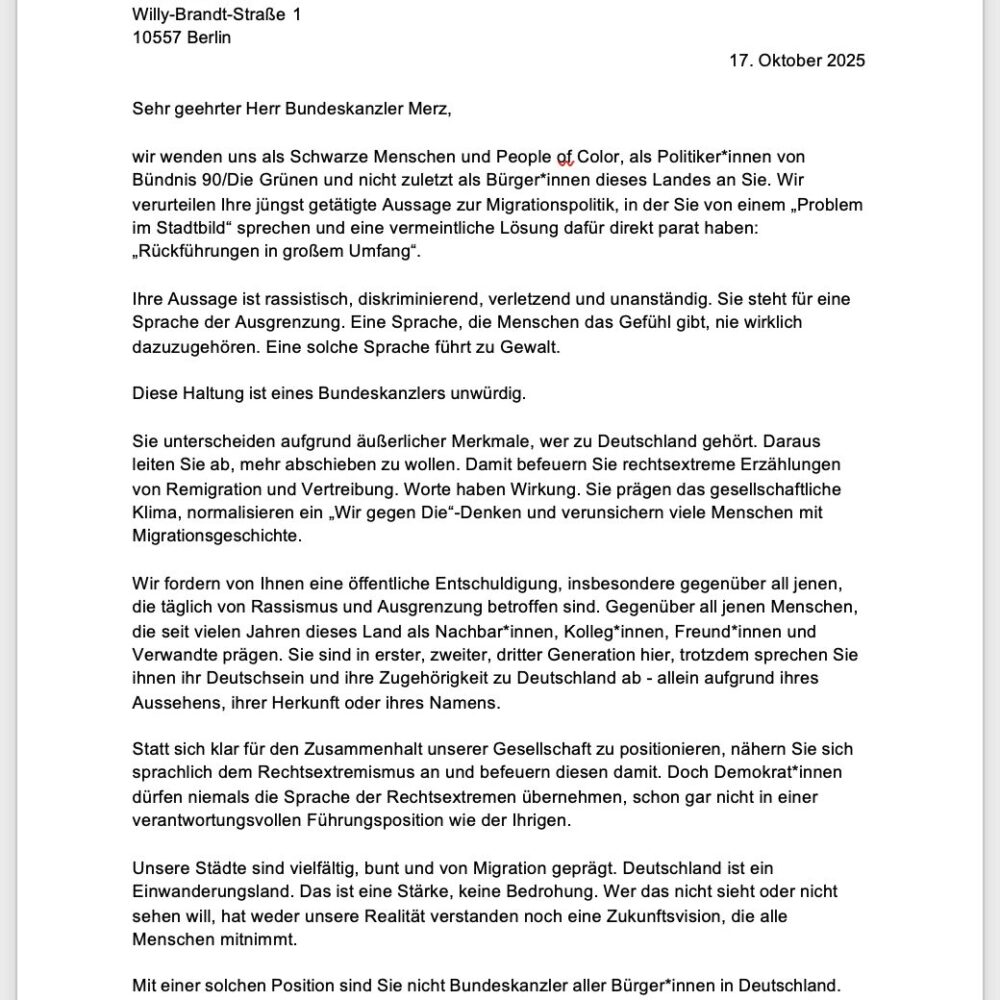 Offener Brief an Bundeskanzler Friedrich Merz