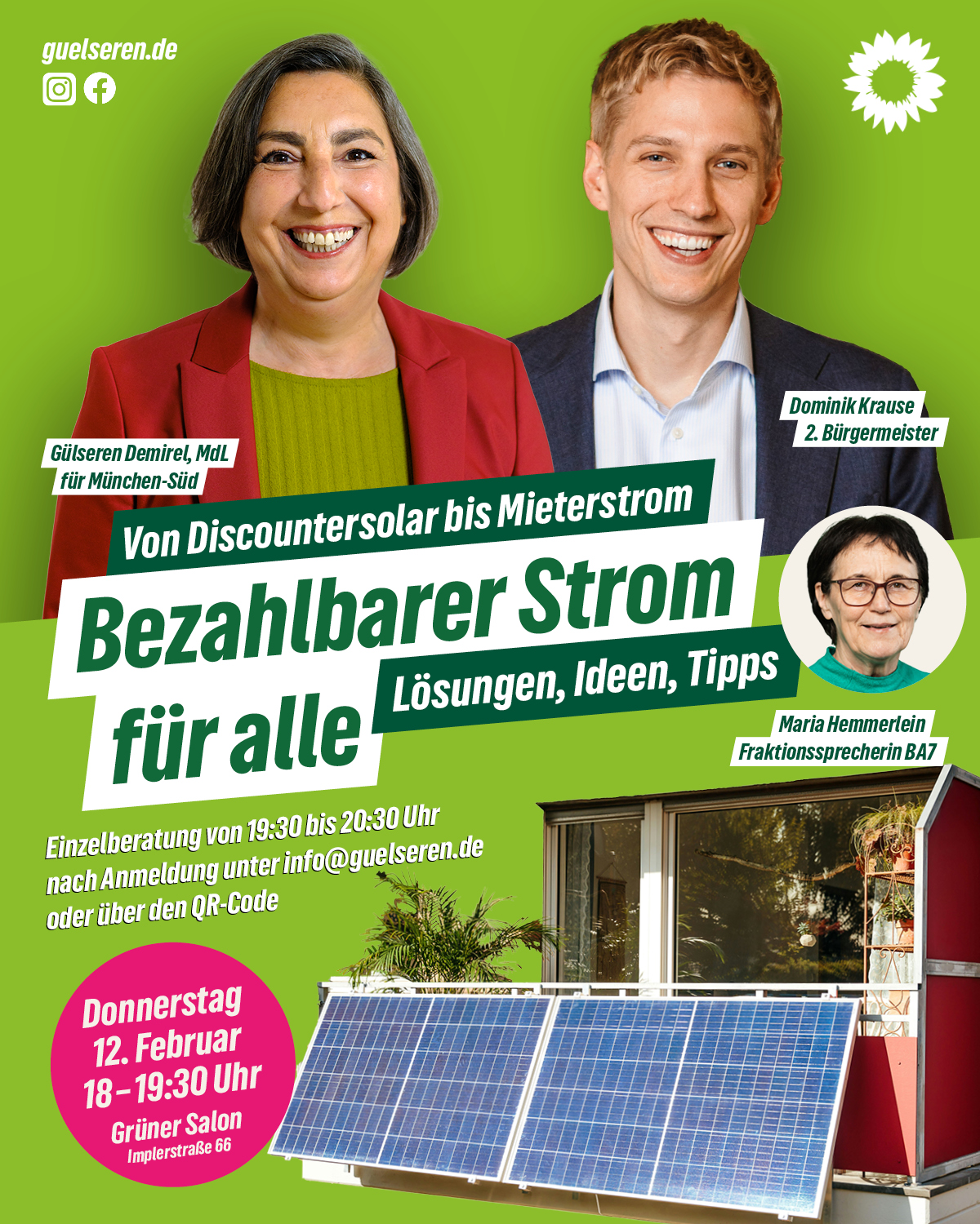 Gülseren Demirel lädt ein zu Diskussion über "Bezahlbarer Strom für alle" mit Dominik Krause, am 12. Februar 2026 von 18 bis 19 Uhr, und individueller Beratung von 19-20 Uhr